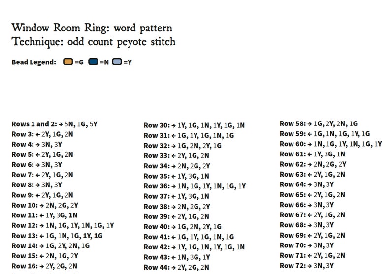 May include: A beading pattern chart for a window room ring, using odd count peyote stitch. The chart shows the bead colors and the order in which to stitch them. The bead colors are gold, blue, and white.