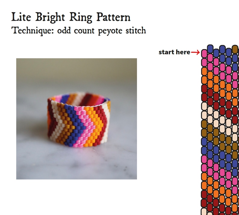 May include: A colorful beaded ring made with an odd count peyote stitch technique. The ring is made with red, orange, yellow, white, blue, and pink beads. The image includes a diagram showing how to make the ring.