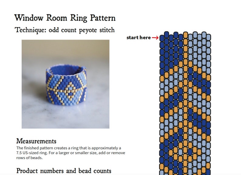 May include: A beading pattern for a ring, using odd count peyote stitch. The pattern is shown in blue, light blue, and gold beads. The finished ring is approximately 7.5 inches in diameter. The pattern includes instructions to start at the top and work down.