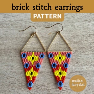 May include: A pair of triangle-shaped beaded earrings with a brick stitch pattern. The earrings are made with pink, red, yellow, blue, and black beads. The earrings are hanging from gold-colored hoops.