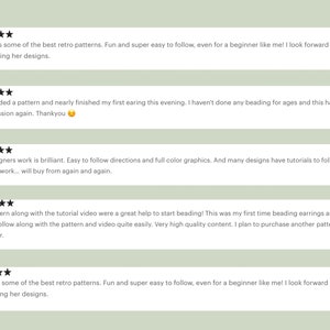 May include: Five-star reviews for a shop selling beading patterns. The reviews highlight the ease of use, quality of the patterns, and the helpful tutorials. One review mentions the shop owner's name, Darcy, and praises her retro patterns.