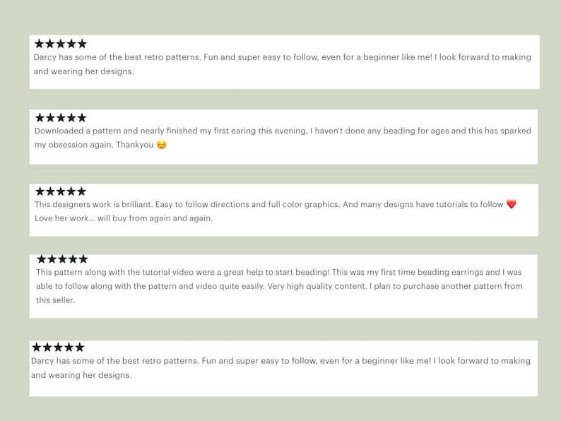 May include: Five-star reviews for a shop selling beading patterns. The reviews highlight the ease of use, quality of the patterns, and the helpful tutorials. One review mentions the shop owner's name, Darcy, and praises her retro patterns.