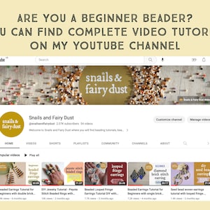 以下が含まれることがあります： ビーズのチュートリアルチャンネル「Snails and Fairy Dust」のYouTubeチャンネルバナーです。バナーには、カラフルなビーズがパターン状に並んだクローズアップが映し出されています。チャンネル名は、緑色の輪郭で囲まれた白い円の中に「Snails & Fairy Dust」というテキストで表示されています。バナーには、チャンネル名、登録者数、チャンネルのウェブサイトへのリンクも含まれています。また、バナーには「チャンネルをカスタマイズする」と「動画を管理する」という行動喚起も含まれています。