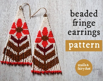 May include: Beaded fringe earrings pattern by Snails & Fairy Dust. The earrings are made with white, brown, red, and orange beads and feature a flower design.