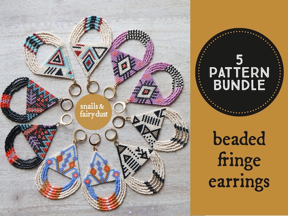 Seed Bead Earrings Pattern Bundle, 5 Patterns Looped Fringe Beaded Earrings, Brick Stitch Patterns