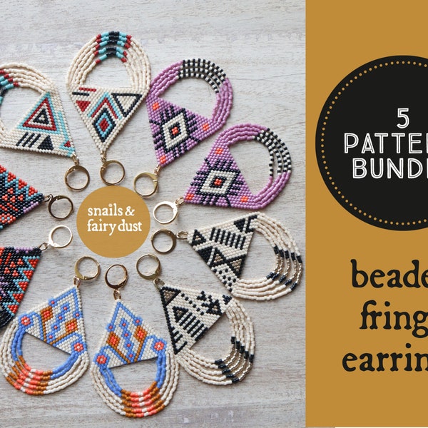 Seed Bead Earrings Pattern Bundle, 5 Patterns Looped Fringe Beaded Earrings, Brick Stitch Patterns