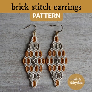 May include: Two beaded brick stitch earrings with gold-colored ear wires. The earrings feature a diamond shape with a pattern of white, gold, and silver beads. The text "brick stitch earrings PATTERN" is at the top of the image.
