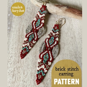 May include: A pair of long, beaded earrings with a geometric pattern in red, white, and turquoise. The earrings are made with a brick stitch technique and have a silver-colored accent.