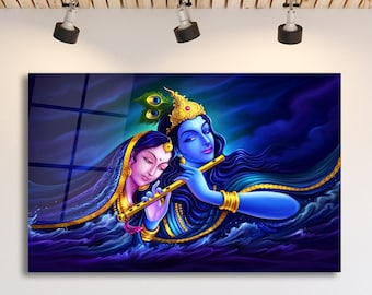 Modern Krishna Wall Art on Tempered Glass, Hindu Décor, Spiritual Home Accent, Indian God Glass Wall Art,  Indian Culture and Religion