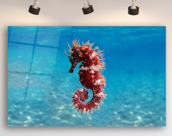 Seahorse Wall Art, Glass Wall Art Under Sea Creatures, Glass Wall Art Ocean, Under Ocean Wall Hanging, Subwater Art on Tempered Glass