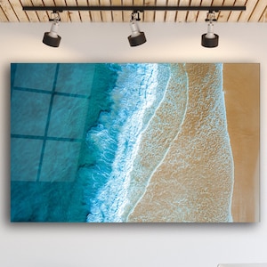 Glass Wall Art Ocean, Sandy Beach Tempered Glass Wall Decor, Sea Wave Wall Hanging, Blue Water Hawaii Decor