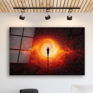 Glass Wall Art, Universe Tempered Glass Wall Decor, Galaxy Wall Hanging, Black and Red Decor Idea
