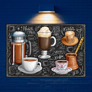 Arte de parede em vidro para amantes de café, decoração moderna para cozinha com café turco, expresso e irlandês, perfeita para cafés e baristas, cardápio de cafés