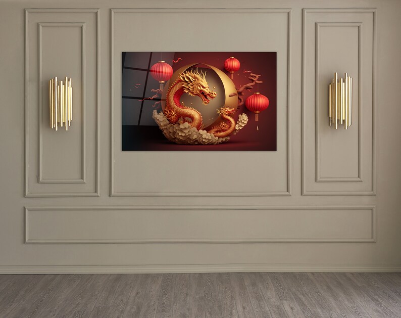 Chinese Dragon Wall Art on Tempered Glass, Golden Dragon Wall Hanging, China New Year Wall Decor