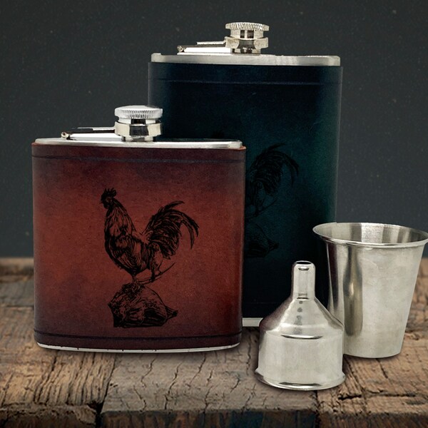 Rooster Inspired Leather Wrapped Flask, Gift For Dad, Uncle, Grandfather on Birthday, Father's Day, Christmas