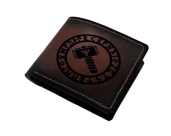 Cartera plegable Hammer Thor Mjolnir personalizada, cartera de hombre, cartera de tarjeta de crédito, cartera de cuero vikingo para hombres, ideas de regalos vikingos.