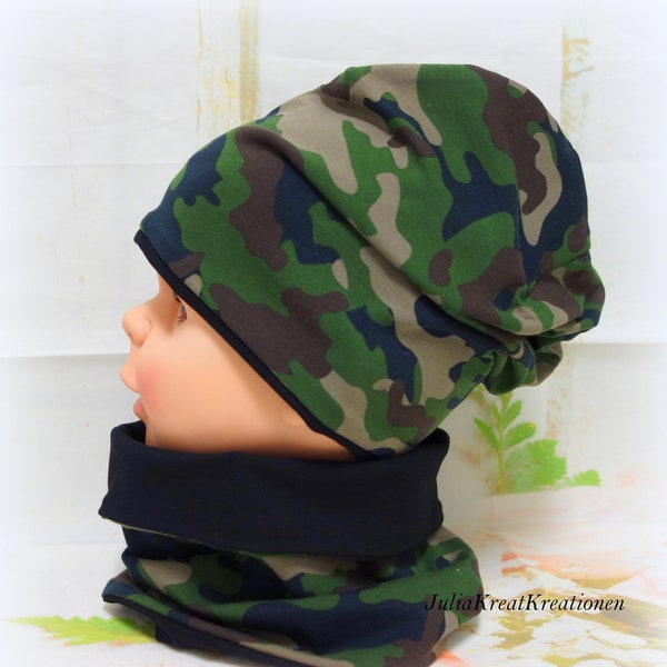 Beanie Mütze Halssocke Camouflage Khaki/schwarz  blau grau Sternen Größe wählbar