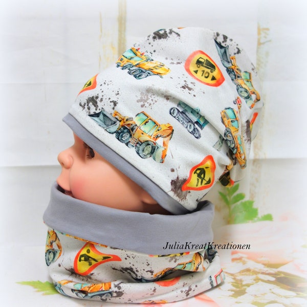 Beanie hat neck sock loop cars excavators trucks construction site size selectable