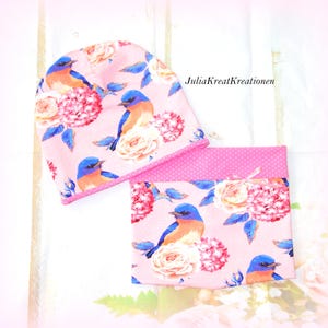 BLUMEN VOGEL Beanie Mütze Wendemütze Loop 2er Set rosa Rosen Gr. 50-52 Dots Schleife Satin Handarbeit Mädchen Accessoires Geschenkidee