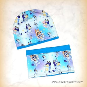 Beanie Mütze Wendemütze Loop 2er Set lila türkis Hunde Blumen Jersey Fleece Wunschgröße Mädchen Handarbeit Geschenk