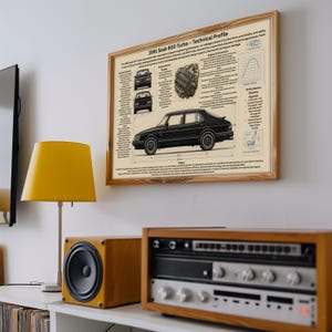 Peut inclure: Un tirage encadré intitulé "1991 Saab 900 Turbo - Technical Profile". L'impression présente une illustration de voiture Saab noire, un schéma du moteur et des données de performance. Le cadre est en bois brun clair, sur un mur blanc.