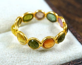 Multi Tourmaline Eternity Band Ring: Gold Plated Sterling Silver