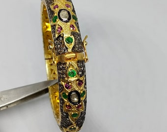 Natural Polki Diamond & Ruby Emerald Bangle: Victorian 925 Sterling Silver