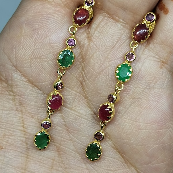 Long Dangle Ruby And Emerald Earrings- May July Birthstone Earrings- Long Drop Ruby And Emerald Earrings- Personalized Gifts- Gift For Mom