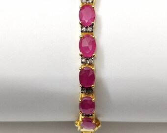 Genuine Ruby & Diamond Bracelet: 925 Sterling Silver, 18k Gold Plated