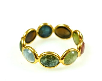 Handmade Multi Tourmaline Ring: 18k Gold Flash Sterling Silver Band