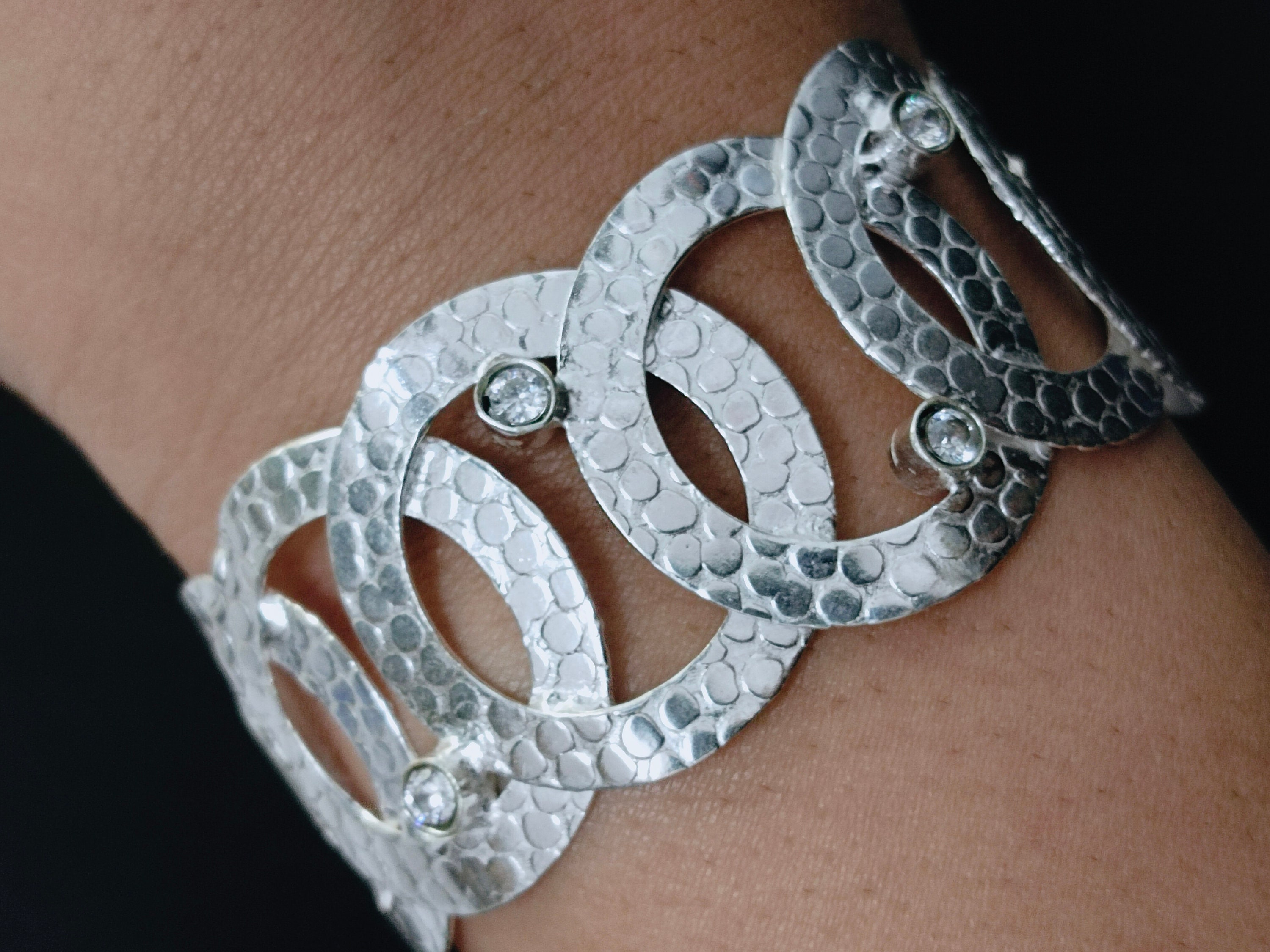 Diamond Hammered Sterling Silver Cuff Bracelet: Wide Chunky Bangle
