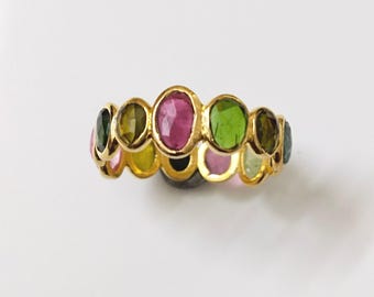 Handmade Multi Tourmaline Eternity Band: 925 Sterling Silver 18k Gold Flash