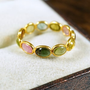 Natural Multi Tourmaline Eternity Band- Handmade Ring- Multi Gemstone Ring- 925 Sterling Silver 18k Gold Flash Ring Gift For Her