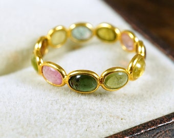 Natural Multi Tourmaline Eternity Band- Handmade Ring- Multi Gemstone Ring- 925 Sterling Silver 18k Gold Flash Ring Gift For Her