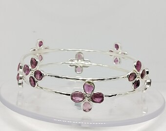 Handmade Pink Tourmaline Flower Bangle: 925 Sterling Silver Boho Bangle