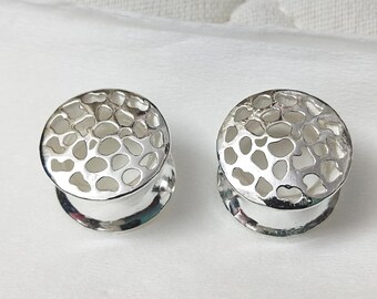 1 paio di dilatatori per orecchie a rete a doppia svasatura in argento sterling 925: tunnel dilatatori realizzati a mano