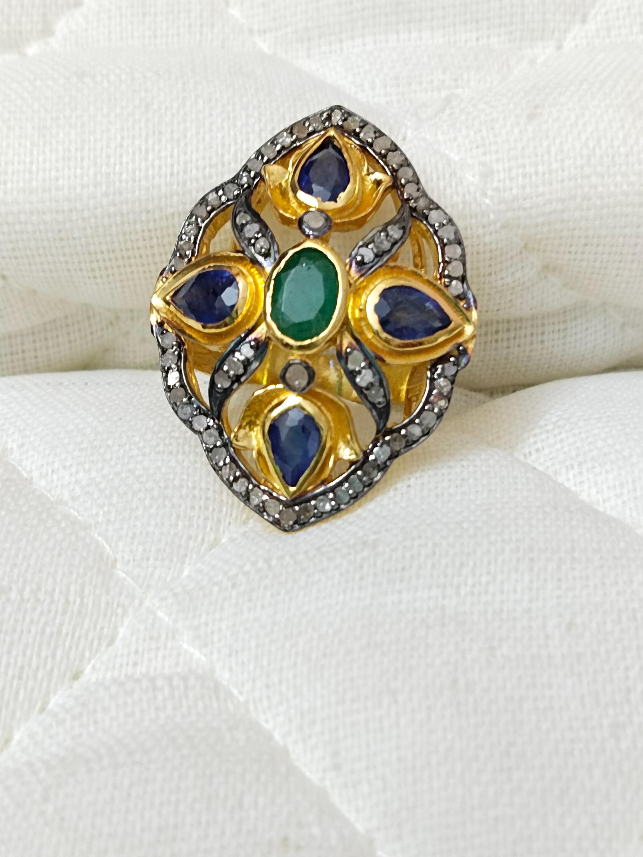 Handmade Sterling Silver Tanzanite Emerald Ring: Diamond Pave, 18k Gold Flash