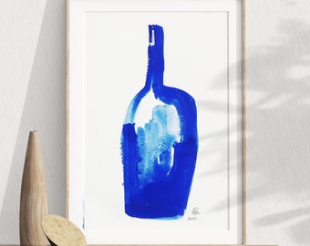 May include: A framed watercolor painting of a blue bottle on a white background. The bottle is painted in a loose, abstract style. The painting is signed and dated "C. 2022".