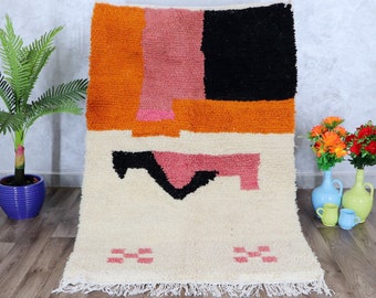 STUNNING MOROCCAN RUG, Beniourain Wool Rug , White And Orange Rug, Abstract Rug, Handmade Rug, Royal carpet, Handwoven Rug, Berber Rug,