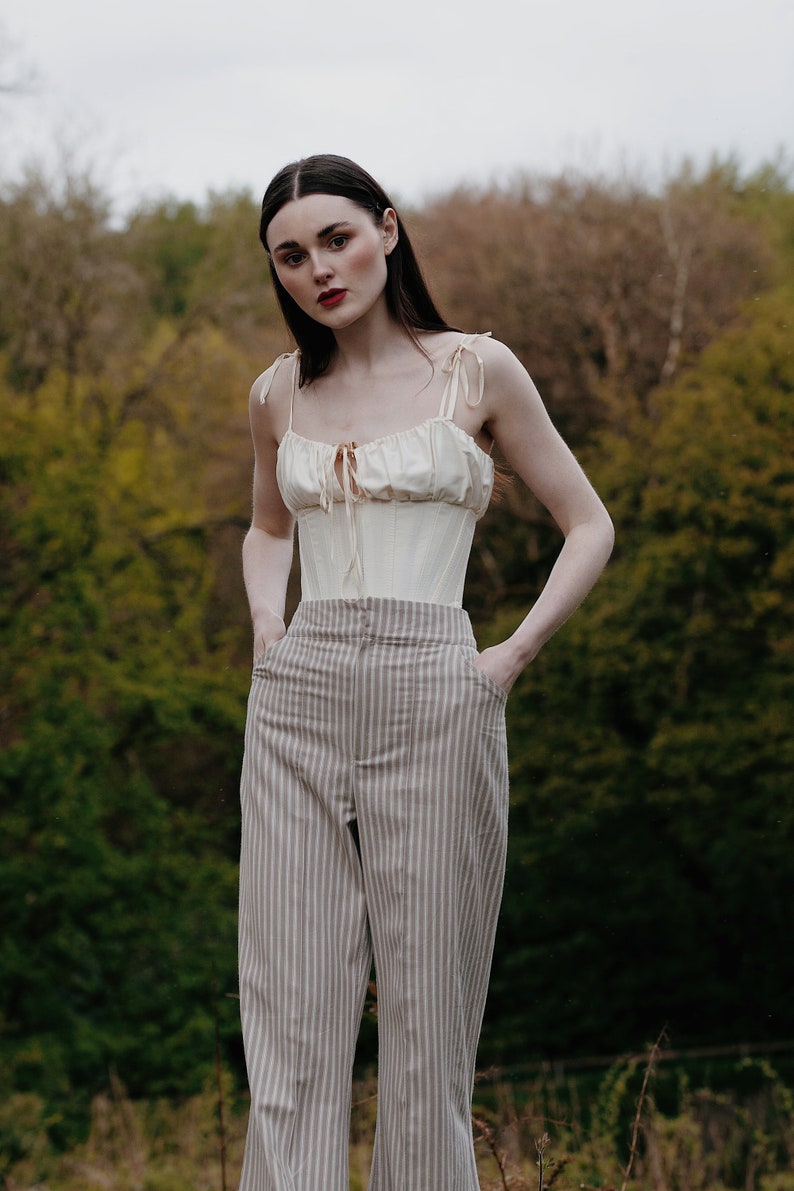 up-cycled ticking high waisted trousers image 2
