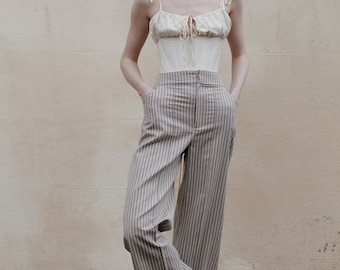 up-cycled ticking high waisted trousers