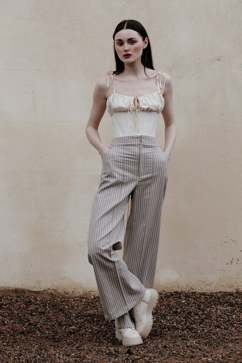 up-cycled ticking high waisted trousers image 1