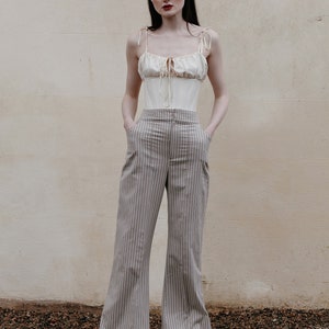 up-cycled ticking high waisted trousers image 3