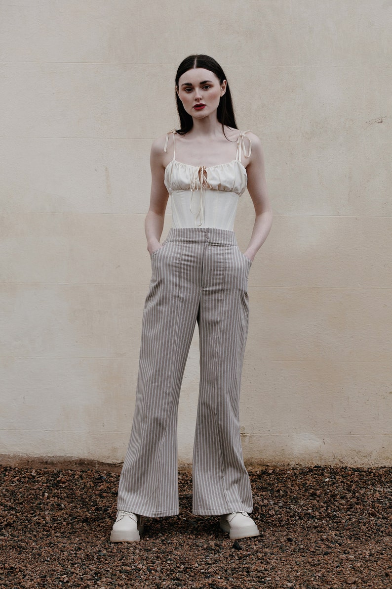 up-cycled ticking high waisted trousers image 3