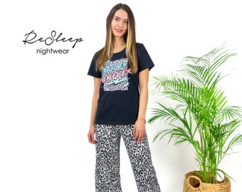 Black Womens Pajama With Leopard Print - Girls Nights Pajamas With Animal Print - Galentines Day Gifts For Bestie