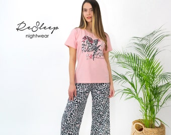 Spring Pajama Set For Women, Leopard Pyjama, Valentines Gifts For Mom, Cozy Sleepwear, Animal Print Nightwear, Unique Gifts For Her