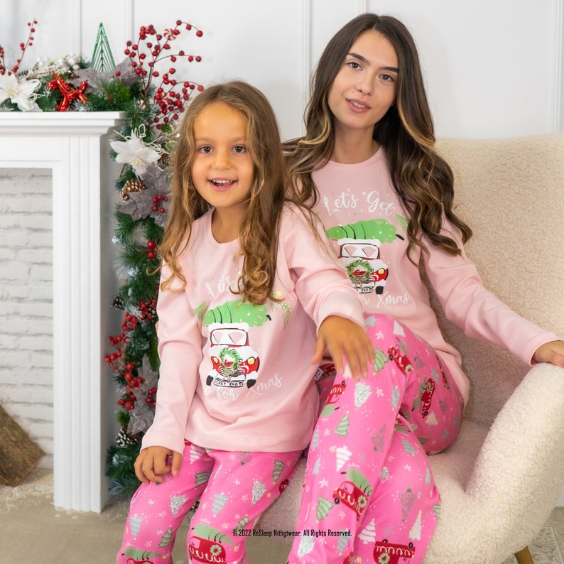 Pink Christmas Pajamas Matching, Mother Daughter Holiday Pajama Set, Family Christmas Pyjamas, Mommy And Me Christmas Jammies, Gifts For Her image 1