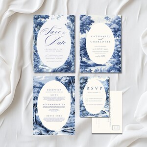 Blue Toile Wedding Invitation Suite: Botanical Canva Template