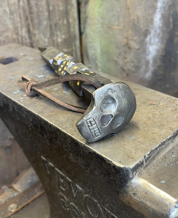 Skull & Dice Railroad Spike Bottle Opener – Hand Forged Gothic Beer Gift, Blacksmith Made
