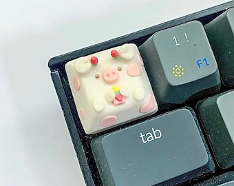 Strawberry Cow Artisan Keycap with Milk Bottle | Pastel Pink Mechanical Key | Cute Keycap Cherry MX Compatible | Custom Resin Keycap